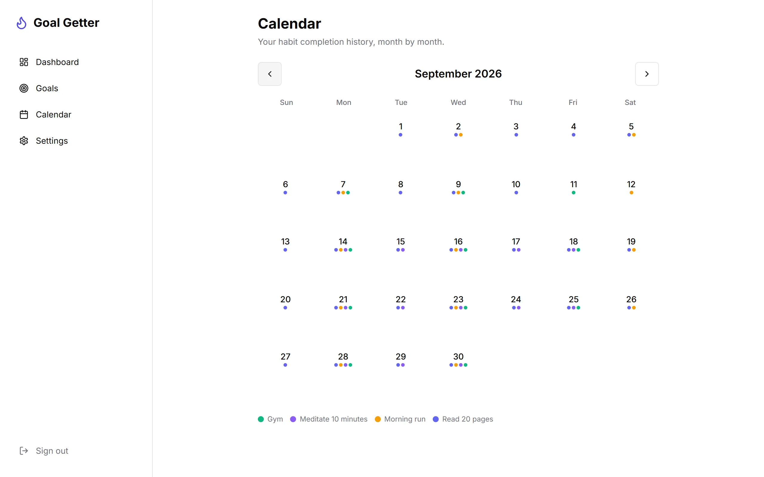 Calendar view with colored dots for each habit completed that day