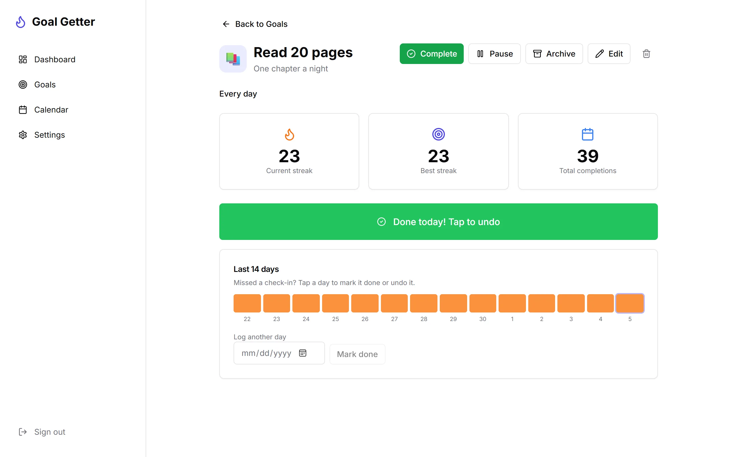 A habit's page: current and best streak, a check-in button and the last 14 days